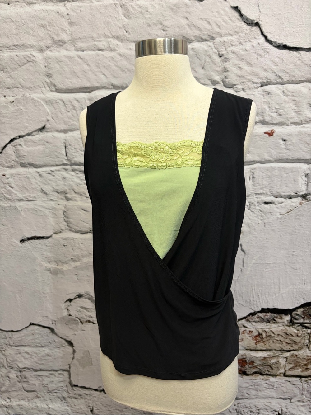 Vintage Claudia Richard Y2K Top Black Cross Wrap Lime Green Cami